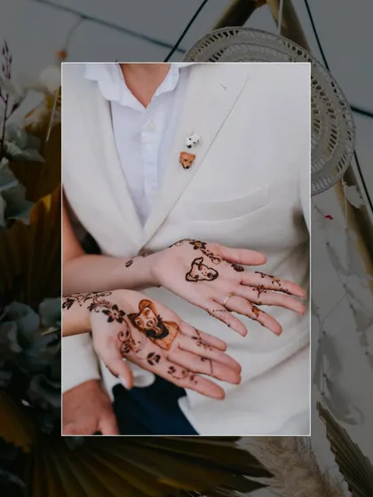 A unique mehendi design featuring animal motifs on the couple's hands, showcasing a personalized and creative touch.