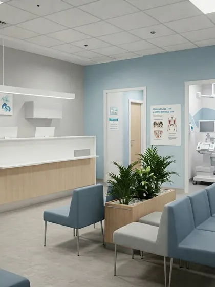 A functional clinic layout showing the reception desk and waiting area with a view into an examination room. The design uses a clean color palette and incorporates planters to divide the space.