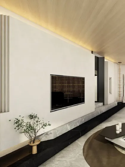 A detail of the living area, showing the minimalist TV wall and a custom black channel that runs along the floor, concealing wiring and adding a sharp graphic element. A small tree in a bespoke planter introduces a touch of nature.