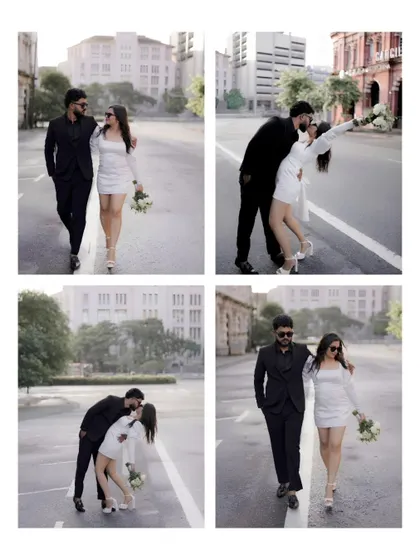 A collage showcasing different moments from their city shoot. It includes a playful dip and kiss, a confident walk, and a romantic embrace, demonstrating the variety of dynamic and stylish shots we can achieve in an urban environment.