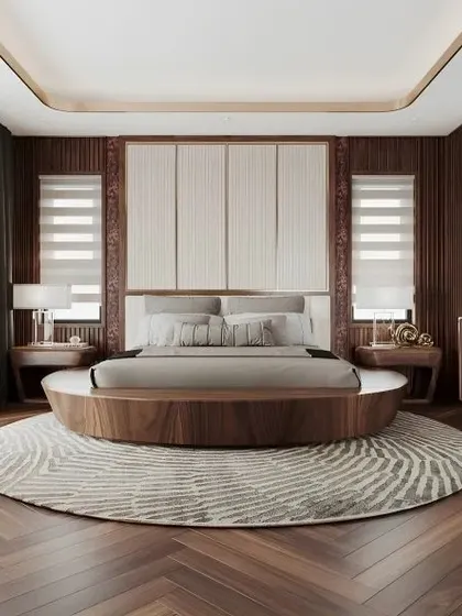 A luxurious master bedroom with a unique circular bed and a dark wood-paneled wall, creating a sophisticated and grand statement.