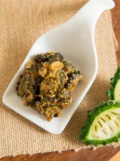 A close-up of the texture of my Karela pickle. It's a healthy and tasty option that is full of traditional Punjabi flavour.