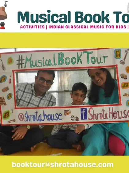 A family poses with our photo frame during a Musical Book Tour event. We love being a small part of these happy family memories centered around music and learning.