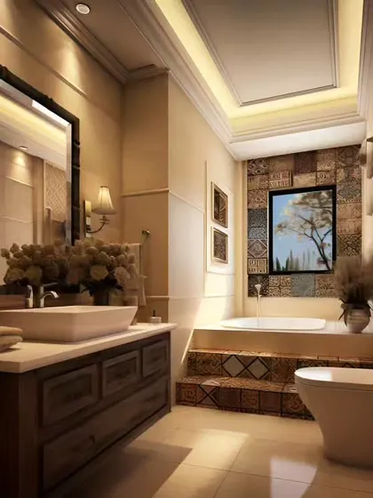 A classic bathroom design with warm tones and traditional fixtures. The stepped bathtub with patterned tile accents is a unique and charming feature.