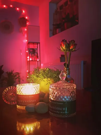 A customer photo showing how my Crystal Jar Candles create a magical, cozy ambiance for a special Valentine's Day evening.