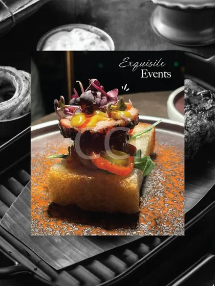 A stylized close-up of one of our exquisite canapés. This image represents the flawless execution and unmatched elegance our team brings to every event, from intimate dinners to grand galas.