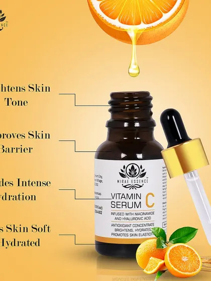 Another infographic style image, this one uses lines to point out the product's benefits. The visual of a drop falling from an orange slice creatively reinforces the Vitamin C ingredient.