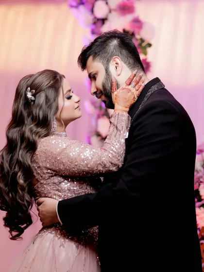 An intimate close-up of the couple during their engagement, capturing the love and connection between them.