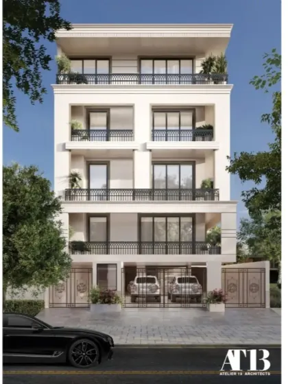 This four-story residence in Vasant Vihar, New Delhi, demonstrates our approach to urban luxury. The design features a clean, all-white neo-classical facade, accented with intricate black metal railings and a statement gate, blending classical grandeur with modern living requirements.