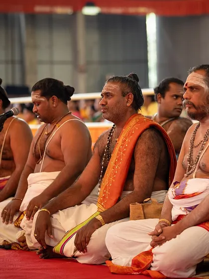 Our Vedic priests chanting during the Maha Ganapathi, Subramanya, and Navagraha Homas. Their precise and devoted chanting of mantras is essential to invoking the divine energies during the ceremonies.
