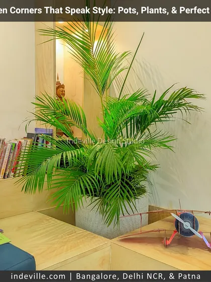 A large, textured planter brings life to this reading nook. The placement of the plant adds a natural element to the clean lines of the built-in wooden seating, creating a perfect blend of comfort and style.