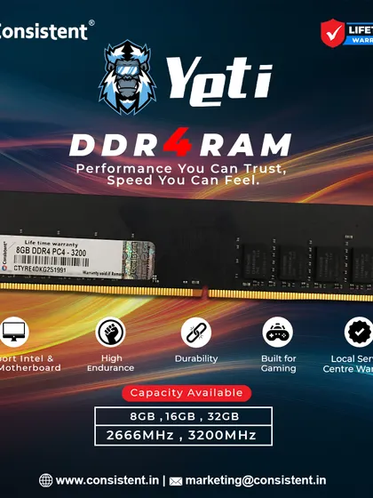 Unleash peak gaming performance with our Yeti DDR4 RAM. This module is built for high endurance and low latency, supporting both Intel and AMD motherboards. It's available in multiple capacities and speeds to match your gaming needs.