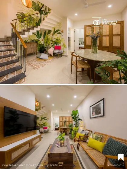 Another collage from a feature, highlighting the cohesive design language of the Mathrukrupa residence.