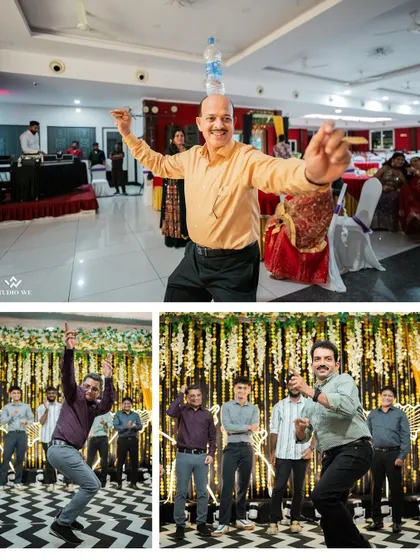 A collage of fun and energetic moments from the Sangeet night, with guests showing off their dance moves and even balancing bottles on their heads.