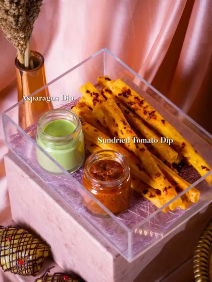 Another serving suggestion for our cheese straws, paired with both an Asparagus Dip and a Sundried Tomato Dip.