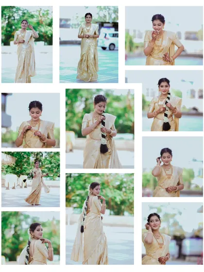 A collage of a beautiful woman in a traditional off-white saree, showcasing various poses. This series of candid and posed shots highlights her grace and the elegance of the attire.