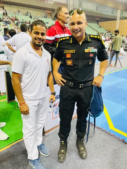 With Indian Commando G.P. Singh. Meeting and learning from elite soldiers helps me refine my training to be as practical and effective as possible.