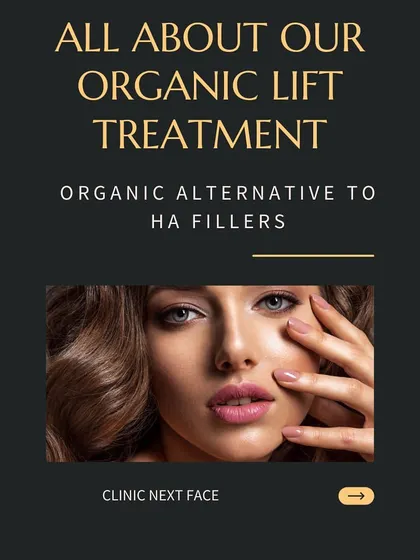 This graphic introduces our signature Organic Lift treatment. It is our premier organic alternative to traditional Hyaluronic Acid (HA) fillers, offering natural rejuvenation using your body's own healing capabilities.
