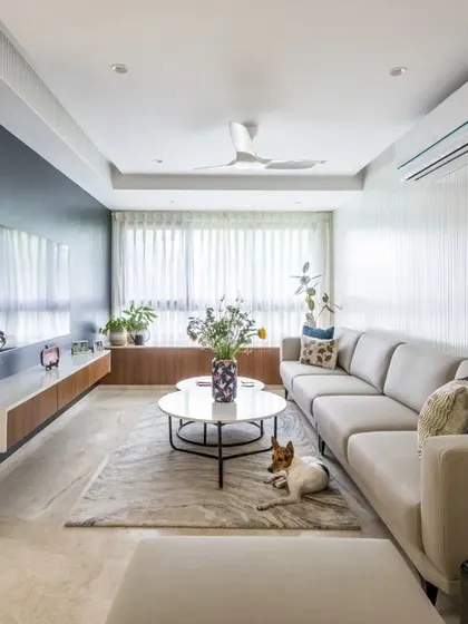 Even a compact apartment can feel spacious and luxurious. For this 950 sqft home, we used a light color palette, smart storage, and a long sectional sofa to create an open, inviting living area that even the family pet loves.