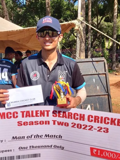 Celebrating our performers of the week. This player is being awarded Man of the Match in the MCC Talent Search tournament.