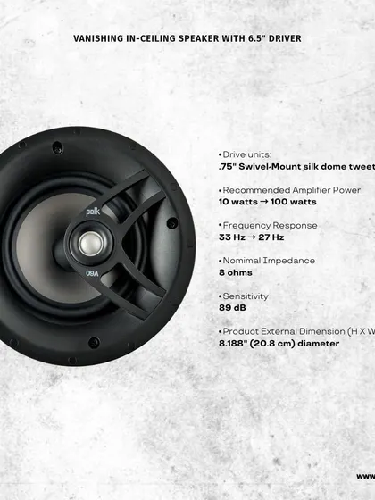 Technical specifications for the Polk V60, a 6.5-inch vanishing in-ceiling speaker. With its 89 dB sensitivity and broad frequency response, it delivers high-quality audio performance from a compact and discreet package.