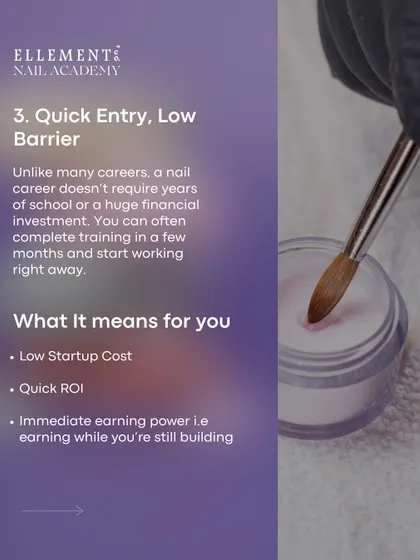 Reason 3: Quick Entry, Low Barrier. Unlike many careers, you can complete training in a few months and start working right away with a low startup cost and quick return on investment.