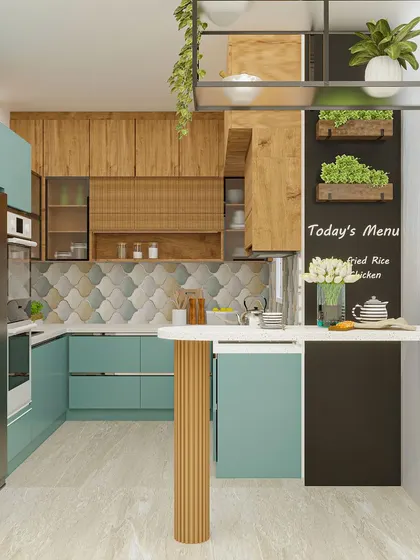 Another view of the 'Turquoise Treasure' kitchen, highlighting the hanging shelves and greenery that bring life to the space.