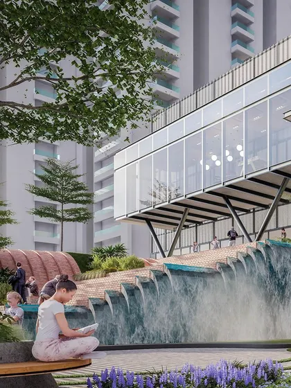 A closer look at the waterfall feature at the Myhome Vipina clubhouse. This element is not just decorative; it creates a relaxing ambiance and a unique gathering spot within the larger residential master plan.