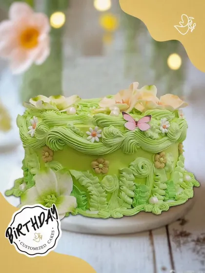 I crafted this little garden cake for Ritika’s birthday in Vasant Vihar. The light green buttercream is detailed with piped ferns, flowers, and a delicate butterfly, bringing a touch of nature indoors.