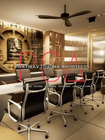 A render of the Hari Mandir conference room, focusing on the bespoke Ganesha wall art that serves as the room's spiritual and aesthetic centerpiece.