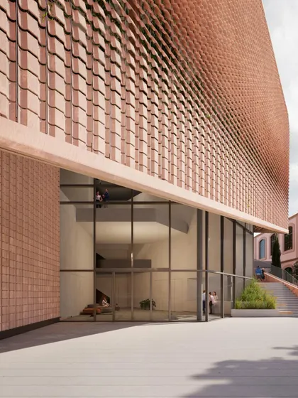 The entrance detail of the MAXXI proposal, showing the careful integration of glass, steel, and terracotta.