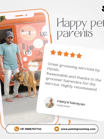 "Great grooming services by Petish. Reasonable and thanks to the groomer Narendra for the service." It's always a team effort! Thank you, Ramya.