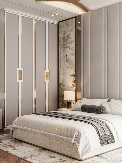 A view of the wardrobe and dressing area in a master bedroom render. The design uses a consistent color palette and materials to create a cohesive and serene space, planned in detail before execution.