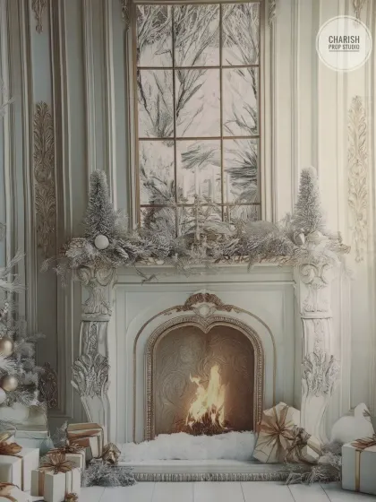 A classic and cozy winter scene, this backdrop features a white fireplace decorated for Christmas, with presents and snow.