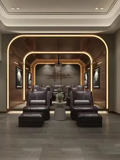 This sophisticated home theater features a curved, wood-paneled entrance and plush leather recliners. The design is elegant and minimalist, with a focus on comfort and viewing quality.