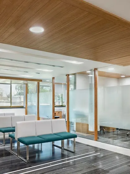 Waiting rooms are the start of the healing journey. This space at Fortis Ludhiana uses a serene color palette, comfortable seating, and clear separation from corridors to ease anxiety and provide a moment of calm.