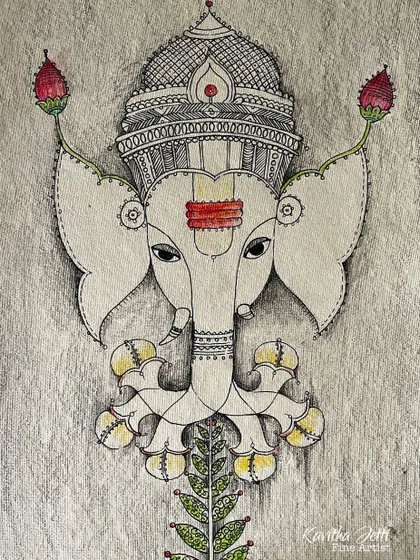 This Ganesha artwork by Kavitha Jetti blends folk art motifs with a unique personal style. It reflects the intellectual and spiritual symbolism of Ganesha, rendered with intricate lines and subtle color.