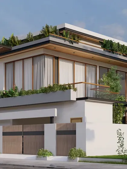 A render of Tulip's Weekend Home, designed with a flat roofline and extensive use of glass. The rooftop and balcony are heavily landscaped, creating a green oasis in a contemporary form.
