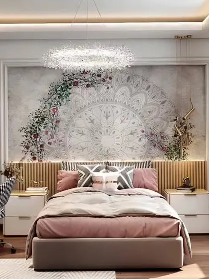 A beautiful bedroom for a teen, featuring a large mandala art piece as the focal point. The design includes a dedicated study desk and uses a soft, calming color palette with natural wood accents.