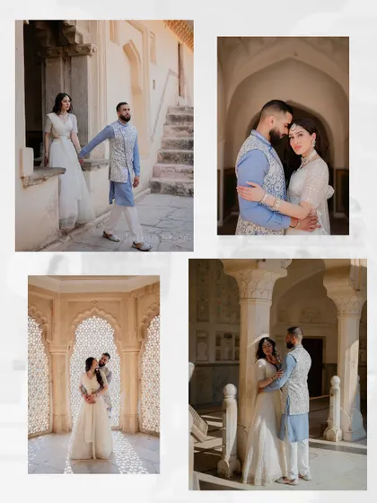 A collage of Amrit and Gagan's pre-wedding shoot, showing various poses within the corridors and jharokhas of Amer Fort, highlighting the architectural beauty.