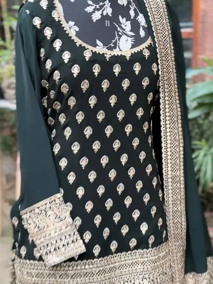 A closer look at our latest collection featuring zari and sequin work. This deep green color is regal and timeless.