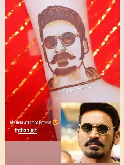 My first attempt at a celebrity portrait, featuring the actor Dhanush. This was a fun challenge and shows the versatility of henna as an art medium.
