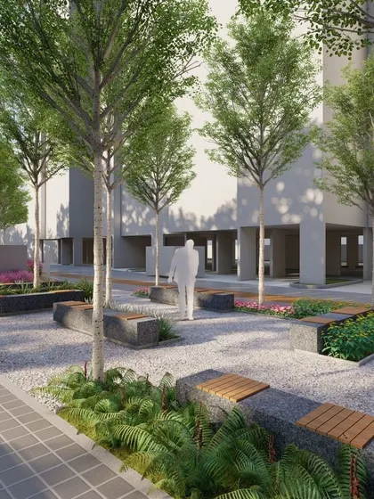 A minimalist seating area concept with clean lines, gravel ground cover, and formally planted trees. This shows our versatility in adapting to different client styles, from maximalist to modern.