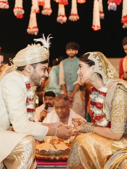 A moment of connection between the couple during their soulful South Indian wedding ceremony.