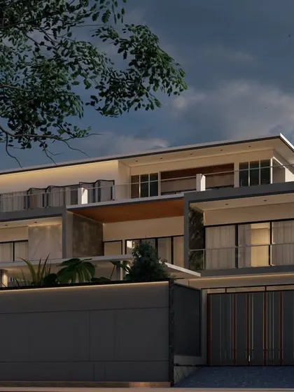 A night render of the 'Zen Oasis' project. The strategic use of architectural lighting emphasizes the building's modern form and creates a sophisticated ambiance.