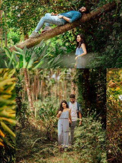 A collage showcasing a relaxed and adventurous pre-wedding shoot in the woods. From lying on a tree branch to walking through the greenery, it's all about natural, fun moments.