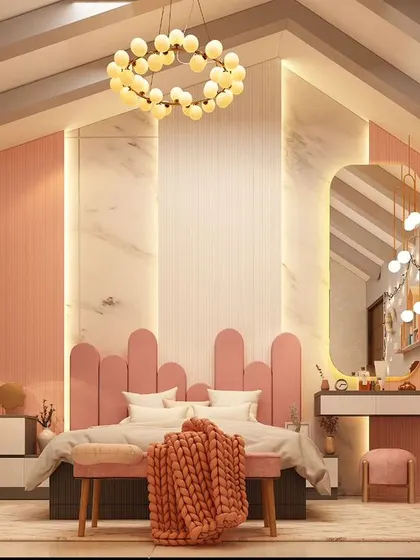A chic and stylish room perfect for a teenager, featuring a unique pink headboard and a vaulted ceiling. The combination of soft colors, warm backlighting, and string lights creates a cozy and trendy atmosphere.