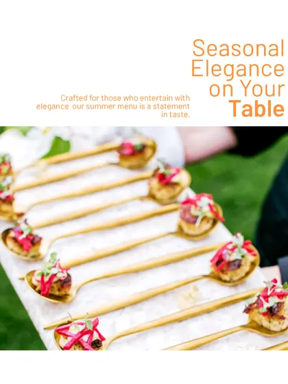 Seasonal elegance on your table. These single-bite appetizers are served on elegant golden spoons, showcasing our commitment to sophisticated presentation.