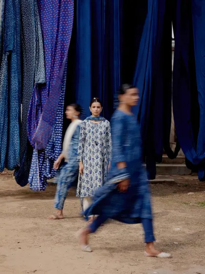 Using motion blur to create a dynamic scene with hanging indigo fabrics. This shot adds a sense of life and movement to the campaign.