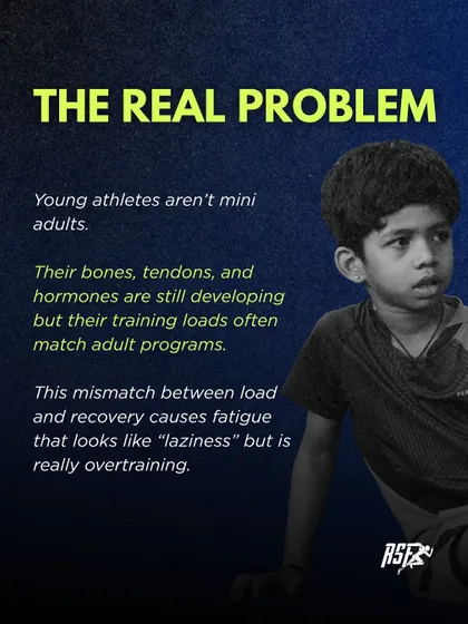 The real problem with overtraining is that young athletes are not mini-adults. This graphic explains that their developing bodies can't handle adult-style training loads, leading to a mismatch between stress and recovery that looks like laziness but is actually fatigue.